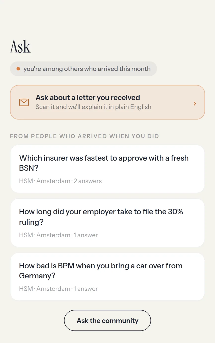 The Ask screen, showing questions from other people with answers.