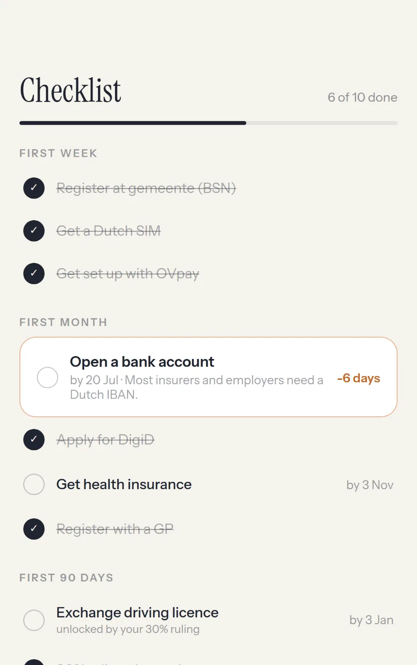 The Checklist screen, showing tasks grouped by phase with dates.