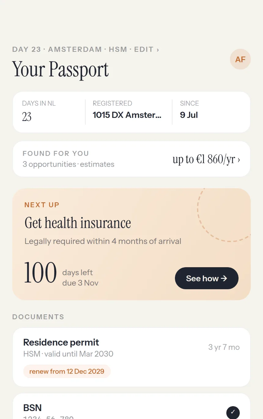 The settlme Passport screen, listing residence permit, BSN and health insurance with their due dates.